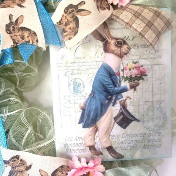Victorian Gentleman Easter Bunny Wreath Rabbit Deco Mesh Bows Greens Blues Pinks - Picture 3 of 8